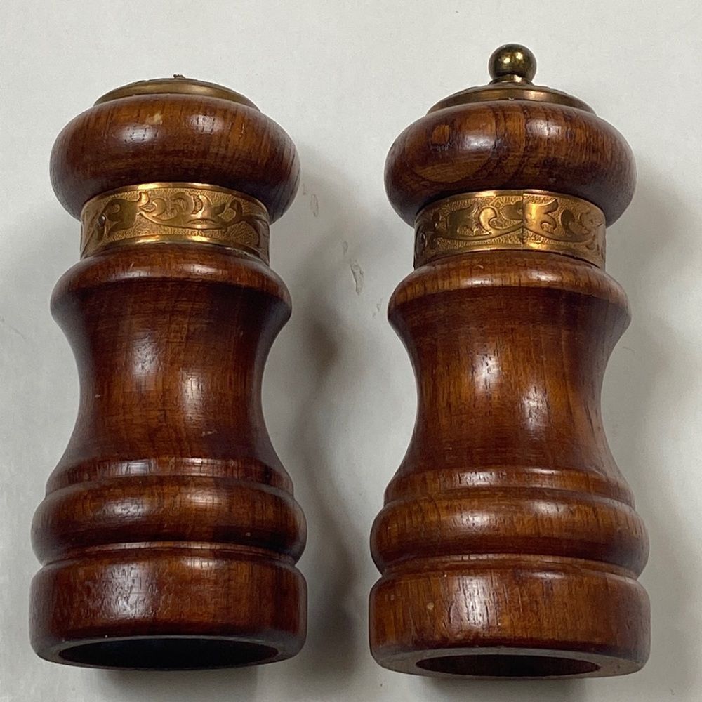 Vintage Forged Steel Gear Catalina Wood Pepper Mill & Salt Set Japan Two Pc